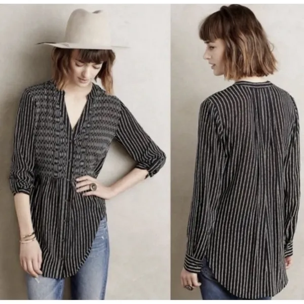 Anthropologie Maeve Size-8‎ Tunic Top Calia Black Geometric Stripe Buttondown - Image 2