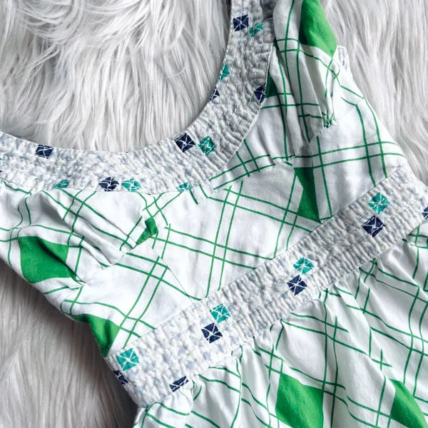 Free People Fit & Flared/Baby Doll White & Green Diamond Print Dress - Image 2