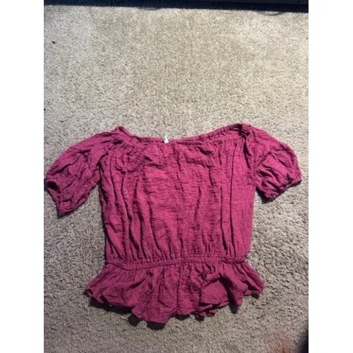 Free People Magenta Pink Off‎ The Shoulder Peplum Blouse Smocked Textured Top M - Image 2
