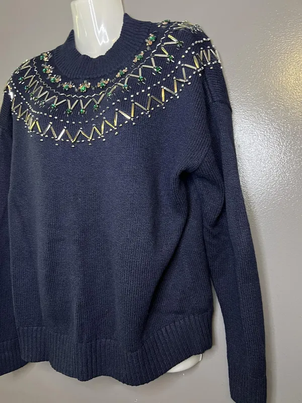 Talbots Sweater Womens Large Blue Mock Neck Beaded Jewel Yoke Knit Pullover - Image 5