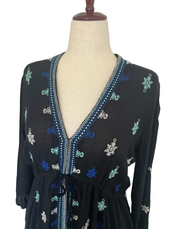 Free People Embroidered Mini Dress Black Boho Tunic Size M - Image 7