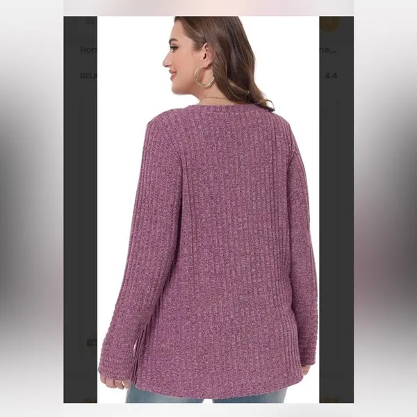 Belaroi plus size, ribbed V-neck, long-sleeve top in a mauve or purple-ish color - Image 5