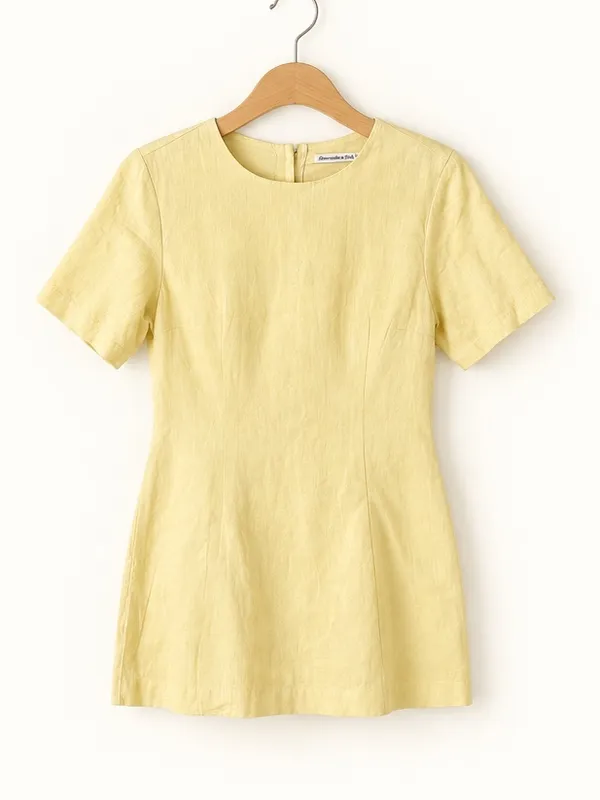 A&F Butter Yellow Linen Cotton Blend Button Back Detail Mini A-Line Sheath Dress - Image 4