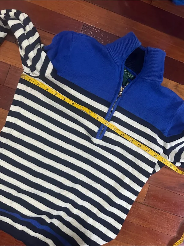 Ralph Lauren Blue Striped Half Zip Sweater Crest Logo Preppy Nautical Medium - Image 8