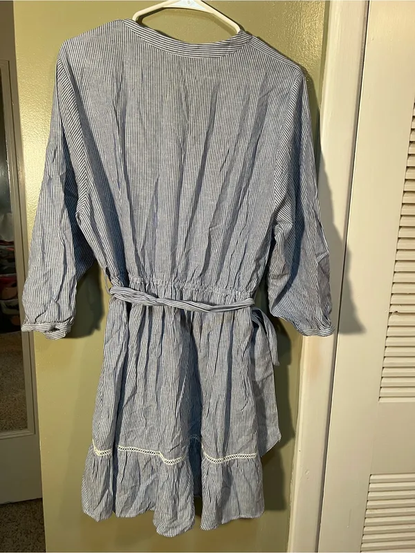 Zara Women's Size Large Mini Shirt Dress Blue White Stripes Crochet Belted Linen - Image 9