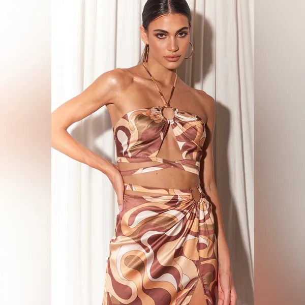 NEW Runaway the label Brown Silk Geometric Skirt and Top set - Image 2