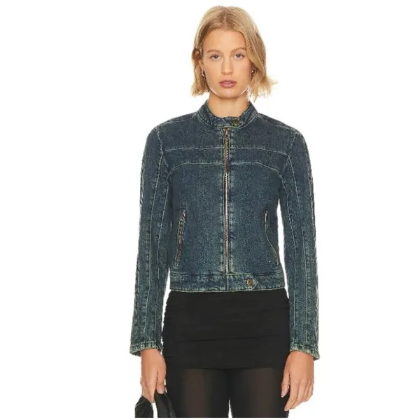 Free People We The Free Fast Lane Motto Denim Jacket Medium - Image 11