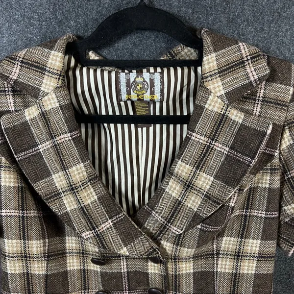 Forever Brown Plaid Wool Blend Cropped Short Sleeve Blazer Jacket Large Y2K - Image 9