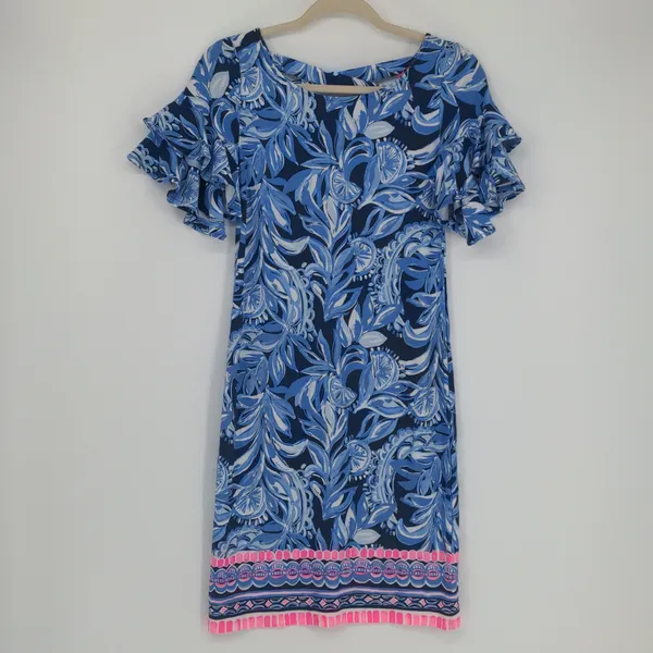 Lilly Pulitzer Blue Floral A-Line Dress XS Pink Border Ruffle Sleeve Rayon Spand - Image 2