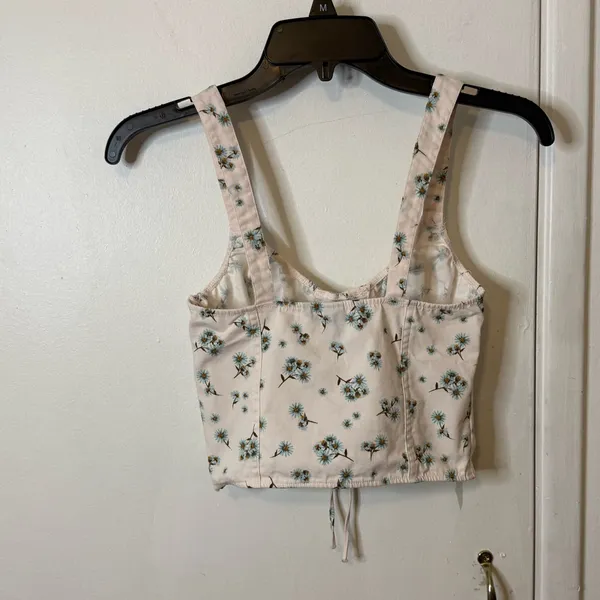 Victoria's Secret Floral Lace-Up Crop Top - Cream and Green - Image 3