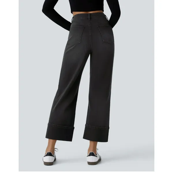 Halara Flex High Waisted Wide Leg Cropped Jeans Black Washed Women XL Rolled Hem - Image 9