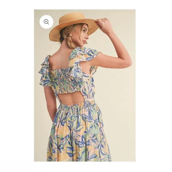 &merci Love Forever Floral Print Cut Out‎ Back Midi Dress Blue Multi M - Image 6