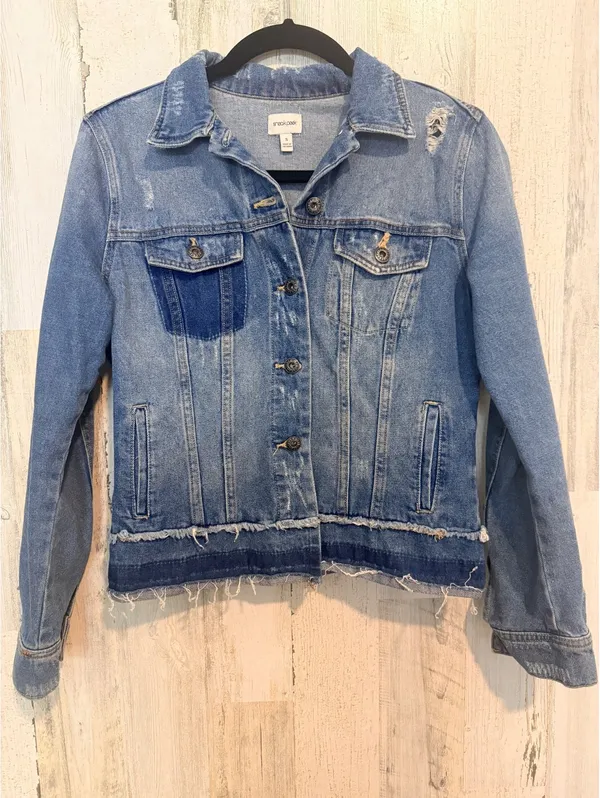 Sneak Peek Women’s Small Distressed Denim Jacket Raw Hem Patchwork Jean Jacket Blue - Image 2