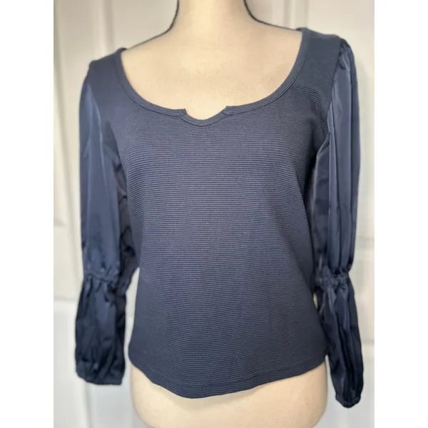 NWT Maeve Anthropologie Navy Ribbed Satin Tiered‎ Balloon Sleeve Top Size Small - Image 2