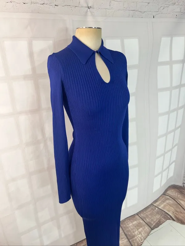 Reiss Blue Ronnie Collared Knitted Long Sleeve Ribbed Midi Bodycon Dress Size XS - Image 6
