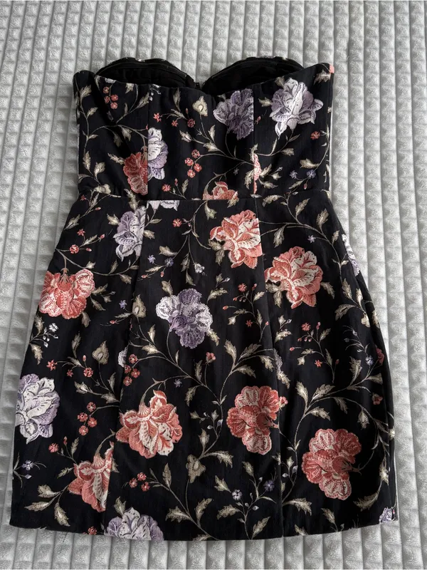 Tularosa Strapless Black Mini Dress with Pink & Purple Floral Print - Image 3