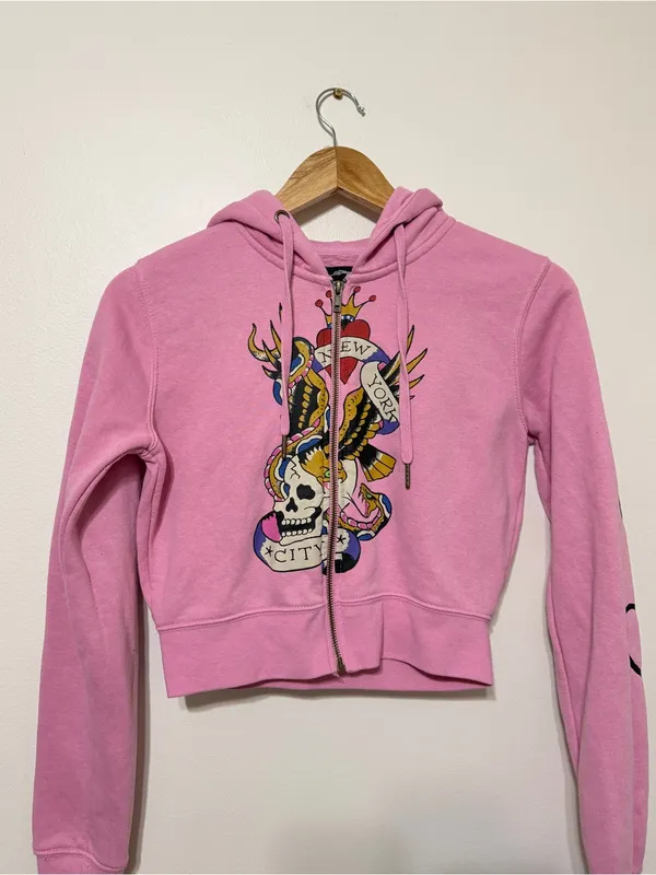 Ed Hardy Pink Skull Graphic Cropped Zip Hoodie Women’s NYC Medium - Image 4