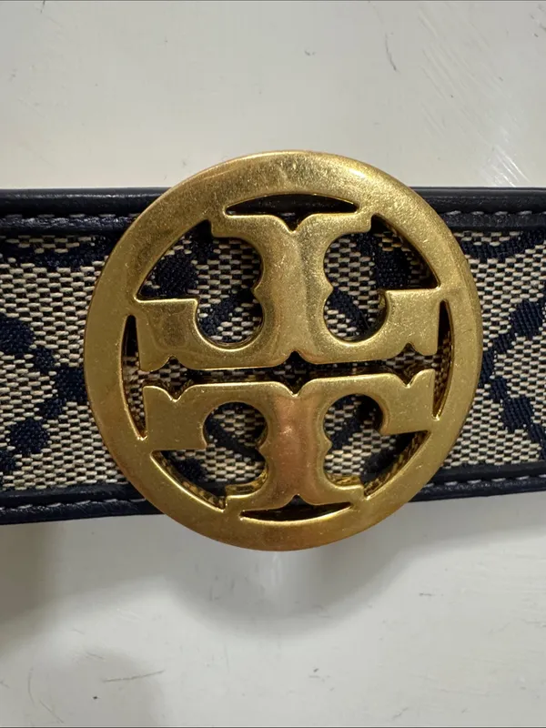 Tory Burch Black and Beige Logo Web Belt with Gold Medallion Buckle Size Small - Image 2