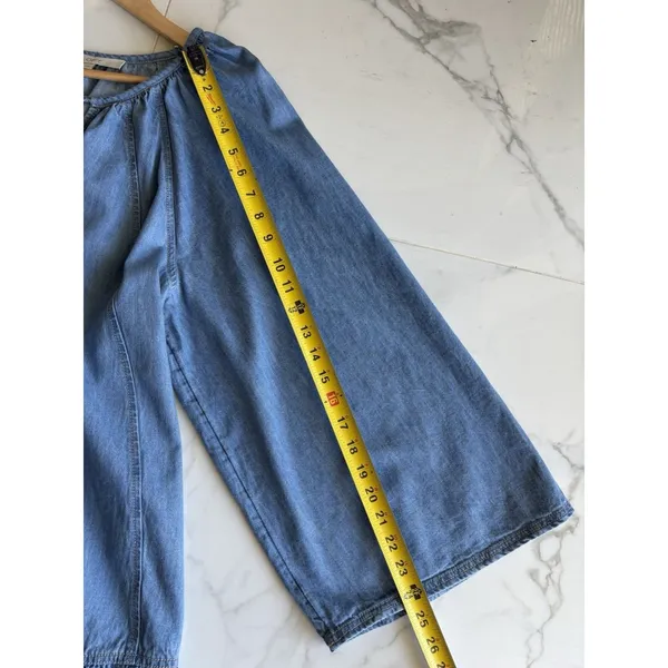 LOFT Women L Denim Chambray Tie Neck Wide Sleeve Tiered Drop Waist Dress Cotton - Image 4