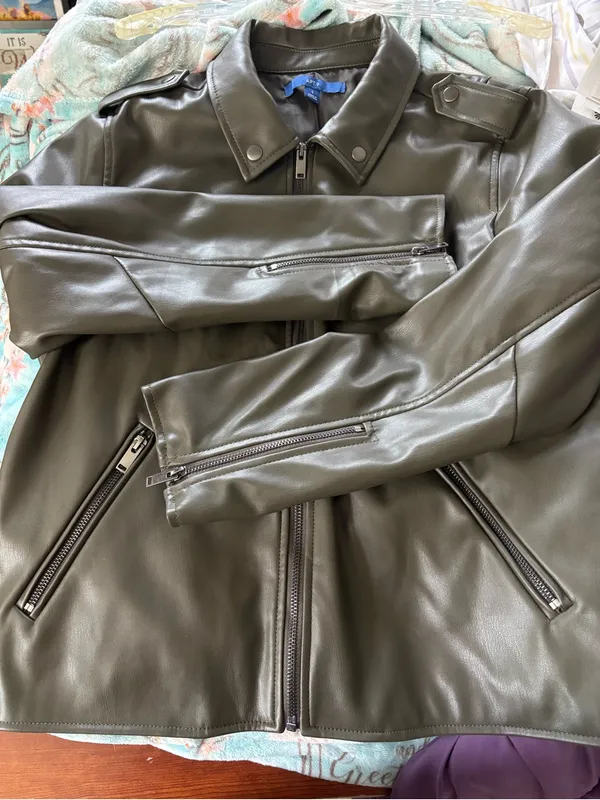 Apt. 9 Olive Leather Zip-Front Moto Jacket - Image 3