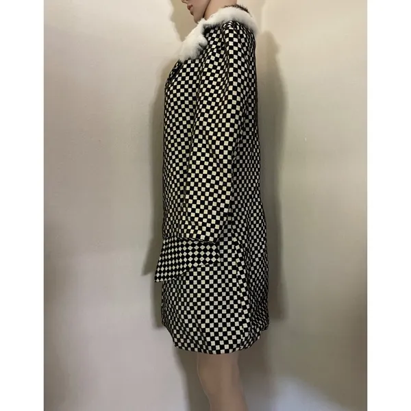 Rik Villa XS 2 Jacket Coat Checkerboard Black White Fur Collar Check Plaid Artsy - Image 2