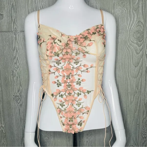 Women’s sheer panel floral embroidered appliqué pink lingerie sleepwear large - Image 5