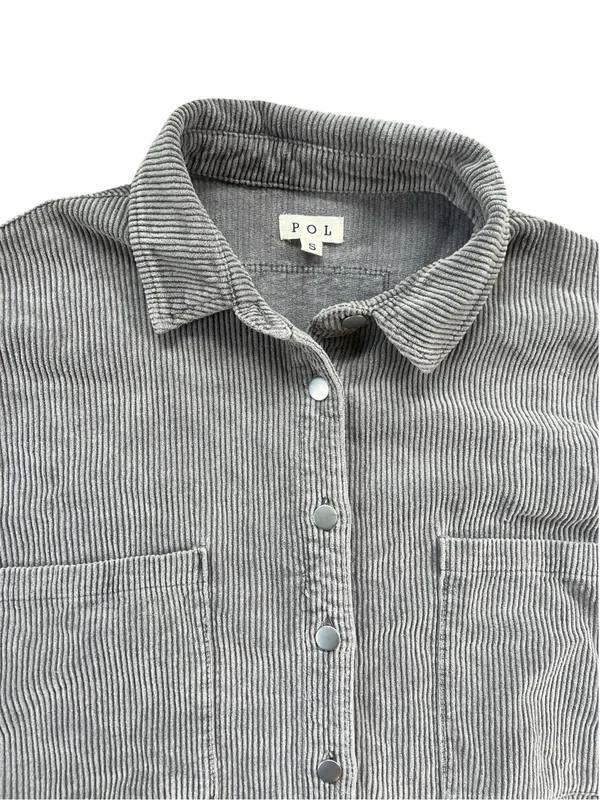 POL Gray Corduroy Button-Down Shirt with Shirttail Hem - Image 2