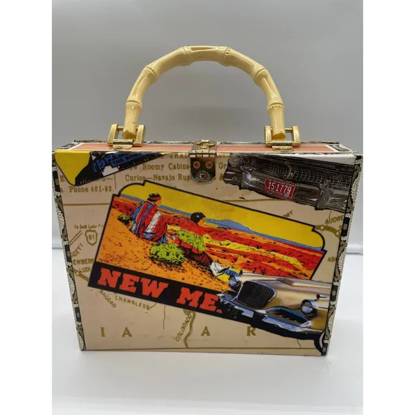 Far nine Vintage Style Route 66 Cigar Box Purse Bamboo Handle Americana Clutch - Image 3