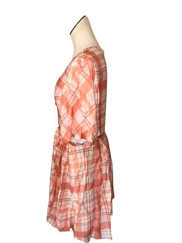 NWT EverNew Krissy Curve Plaid Wrap Dress Coral Check White Puff Sleeve 18 - Image 3