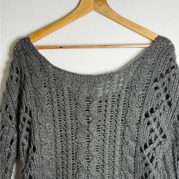 Free People Women’s Chunky Open Cable Knit Mohair Wool Blend Sweater Gray Sz M - Image 9