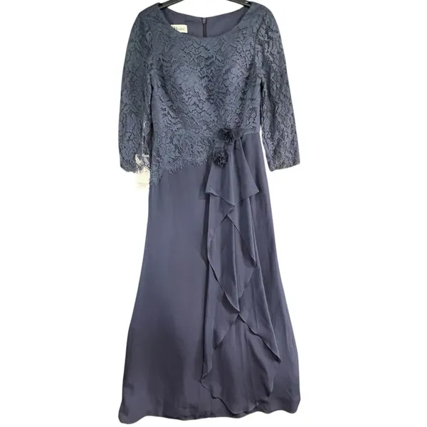 JJs House Evening Dress 8 Stormy Blue 3D Floral Cascading Ruffles Wedding 271457 - Image 2