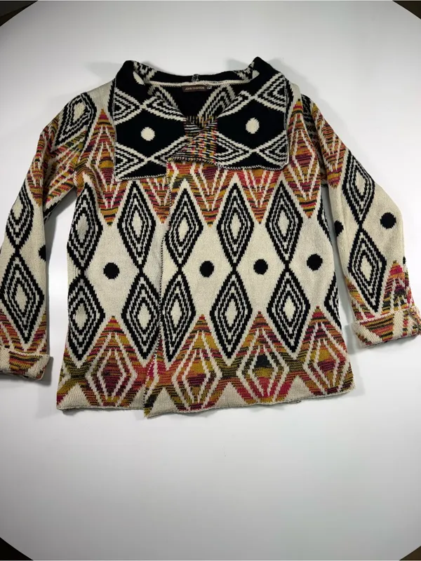 Open-Front Geometric Cardigan in Cream and Black with Rust Accents - Image 2