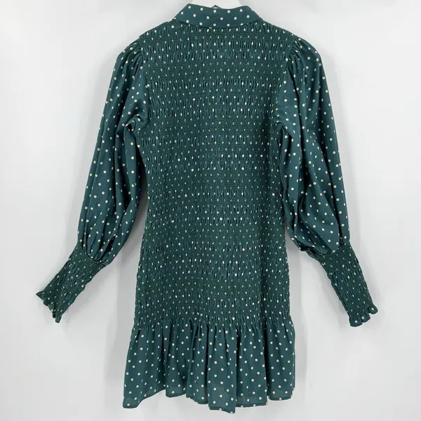 ASOS Smocked Polka Dot‎ Green Mini Dress Long Sleeves Collared Button Size 4 - Image 5