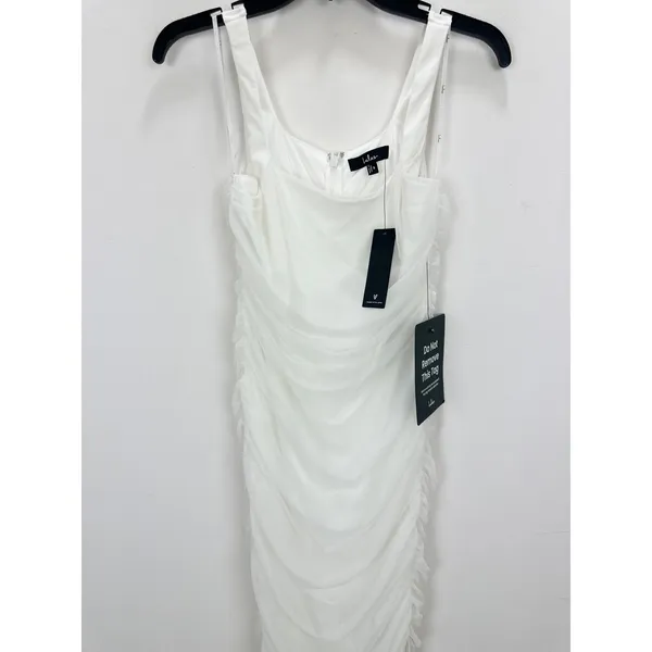 Lulus V.I.P. Treatment White Mesh Ruched Bodycon Midi Dress Cocktail Small NWT - Image 6