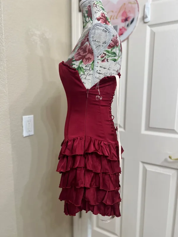 NWT Oh Polly Juliet Bandeau Ruffled Tiered Corset Mini Dress Berry Red Size 0 - Image 5