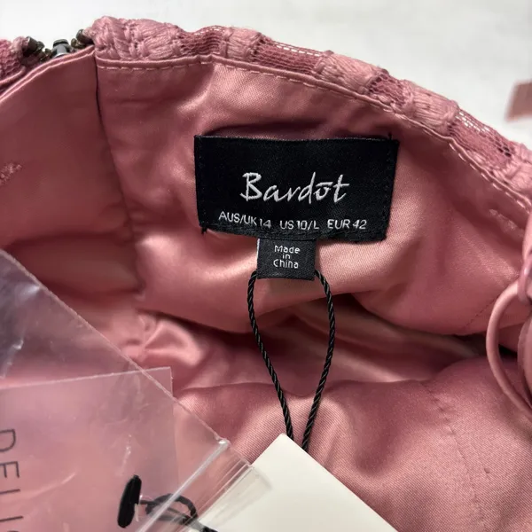 Bardot Gia Lace Pencil Midi Dress Spaghetti Strap Latte‎ Pink Embroidered L - Image 6