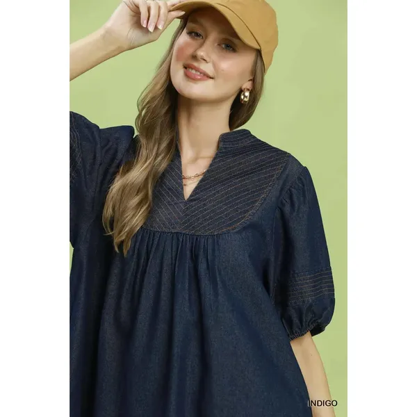 Umgee Notched Puff Sleeve Mini Dress‎ with Pockets - Small - Image 4