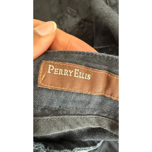 Perry Ellis Black 100% Linen Cropped Wide Leg Drawstring Pants Womens Large - Image 4