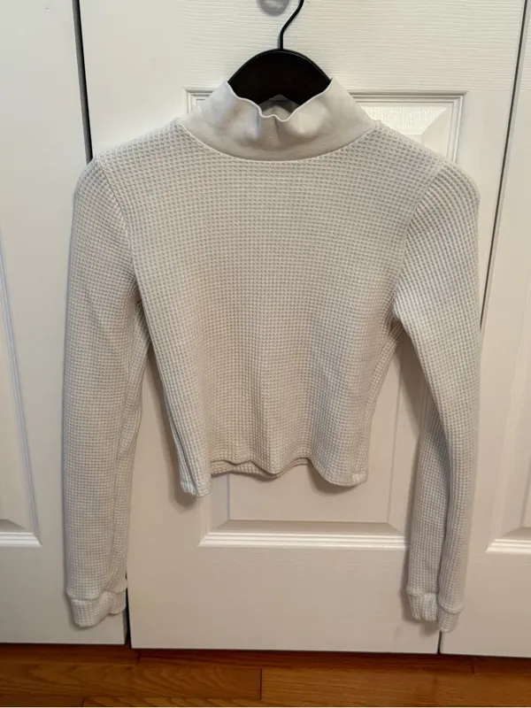 Aerie Waffle Knit Long Sleeve Mock Neck in White/Cream - Image 2