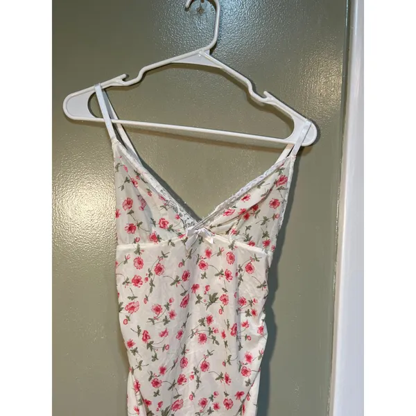 Women's Sz Medium Lace Edge Floral Print Slip Dress White Pink V-Neck Sheer Mini - Image 4