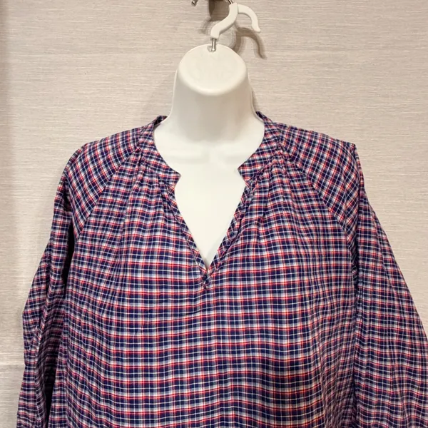 Madewell Womens Blue Red Plaid Cotton Linen Tie Cuff Blouse‎ G1412 Size M - Image 4
