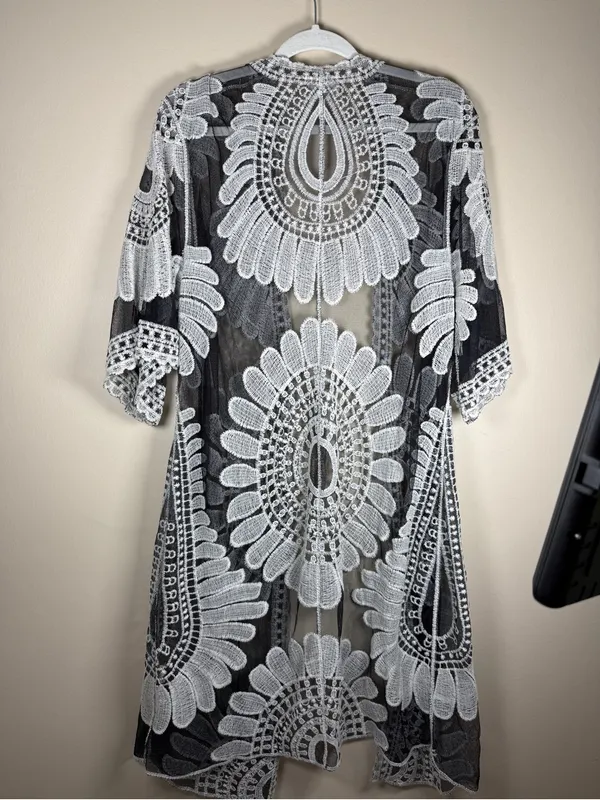 Rebellion Ember Black Sheer Crochet Kimono Embroidery Duster Whimsigoth Western Boho - Image 9