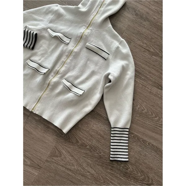 Marc New York Turtleneck Sweater Womens M Ivory White Full Zip Black Stripe Knit - Image 5