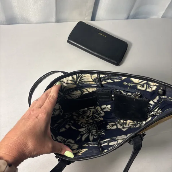 Cole Haan Purse &‎ Wallet Woven Straw Black Faux Leather Shoulder Floral Accents - Image 5