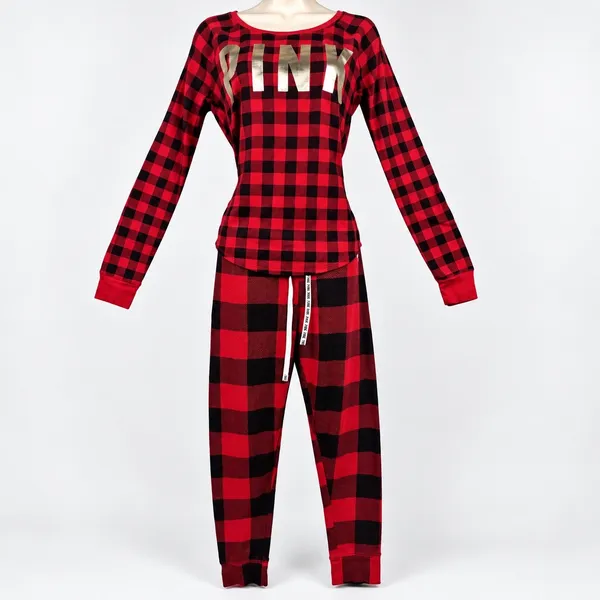 PINK Victoria's Secret Sleep Set Waffle Knit Women M Red Black Buffalo Plaid - Image 2