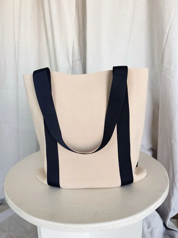 Minimal Cream Tote Bag with Navy Straps - Women - Image 4