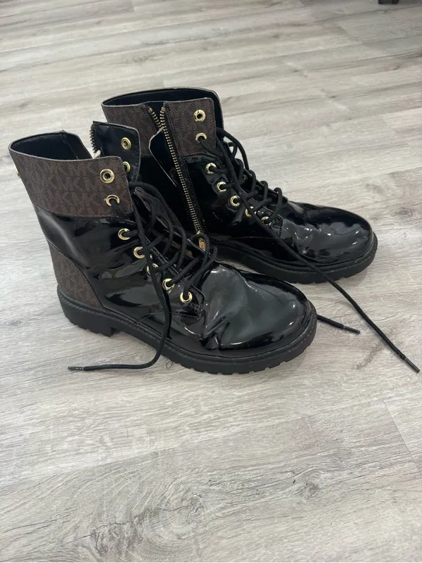 Michael Kors Black Patent Lace-Up Combat Boots with Gold Hardware - Image 2