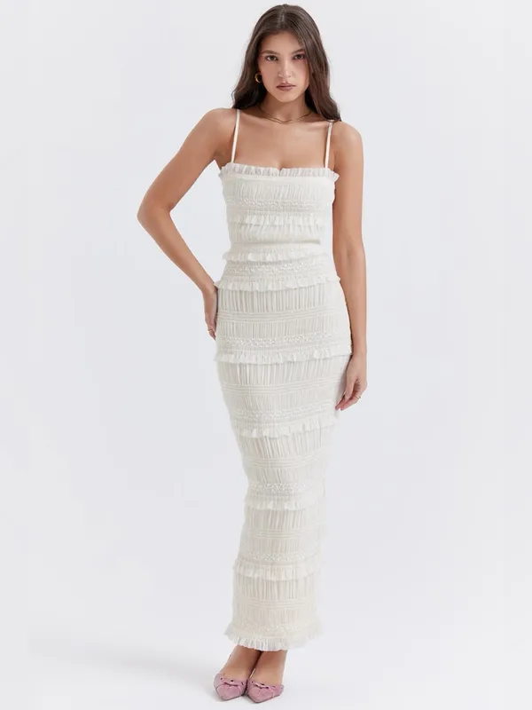 House of CB Solana Ivory Sequin Pleat Maxi Dress S - Image 2
