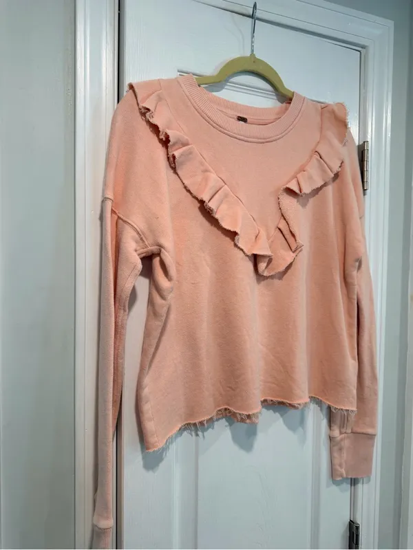 NWOT Free People Size XS Pink Ooh La Ruffle Yoke Long Sleeve Raw Hem Sweatshirt - Image 4
