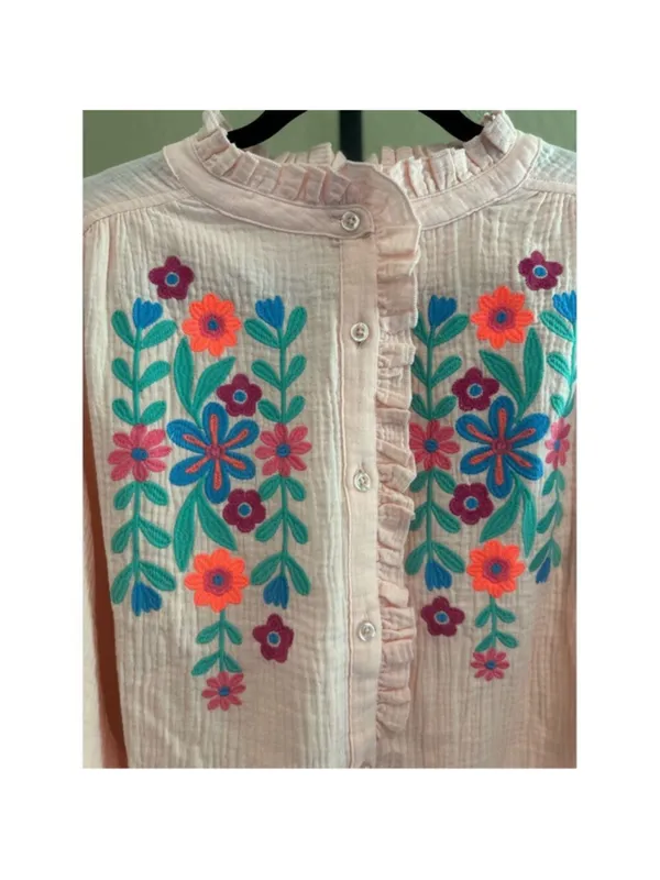 Size S Easel Los Angeles Embroidered Cotton Gauze Shirt Top in Blush - Image 6